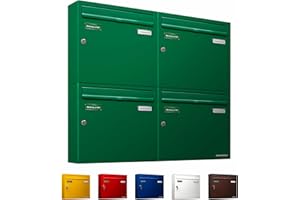 ‎AL BRIEFKASTENSYSTEME AL Briefkastensysteme Basic Letter Box RAL 6005 Moss Green 4 Compartments DIN A4 Weatherproof with Post Holder and 2 Name Plates Set of 4