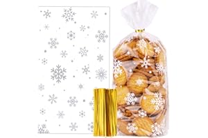 COLOFALLA 100Pz Sacchetti Natalizi Trasparenti Sacchetti Plastica Natale Cellophane Confetti Fiocco di Neve Decorazione Natalizie Sacchetti Regalo Dolcetti Biscotti Caramelle Cioccolato Legami Torsione