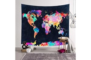 Enhome Tapiz Pared Decoracion Grande, Mapa Del Mundo Hippie Tapicería Colgante De Pared Tapices Decoración Pared Dormitorio Sala De Estar Luces Led (Color mundo sobre negro,90*65cm)