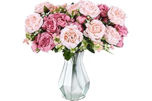 Yuxava Flores Artificiales Decoracion, 5 Ramo de Peonías Artificiales de Seda, Flores de Tela, Centro de Flores Artificiales Decoracion, para Bodas, Fiestas y Centros,Decoración del Hogar,Rosa