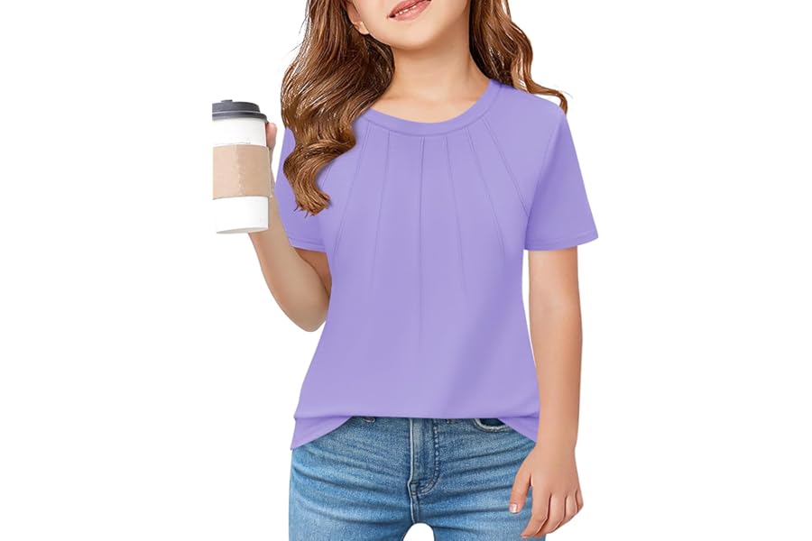 Haloumoning Girls Pleated T Shirts Kids Summer Short Sleeve Crew Neck Shirt Fashion Casual Tops Tees 5-14 Years