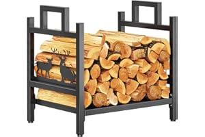 ESOW Firewood Rack, Logs Holder for Outdoor Indoor Fireplace, Firewood Pile Storage Racks Bin Decorative, Metal Wood Pile Storage Stacker Organizer, Heavy Duty Steel Matte Black