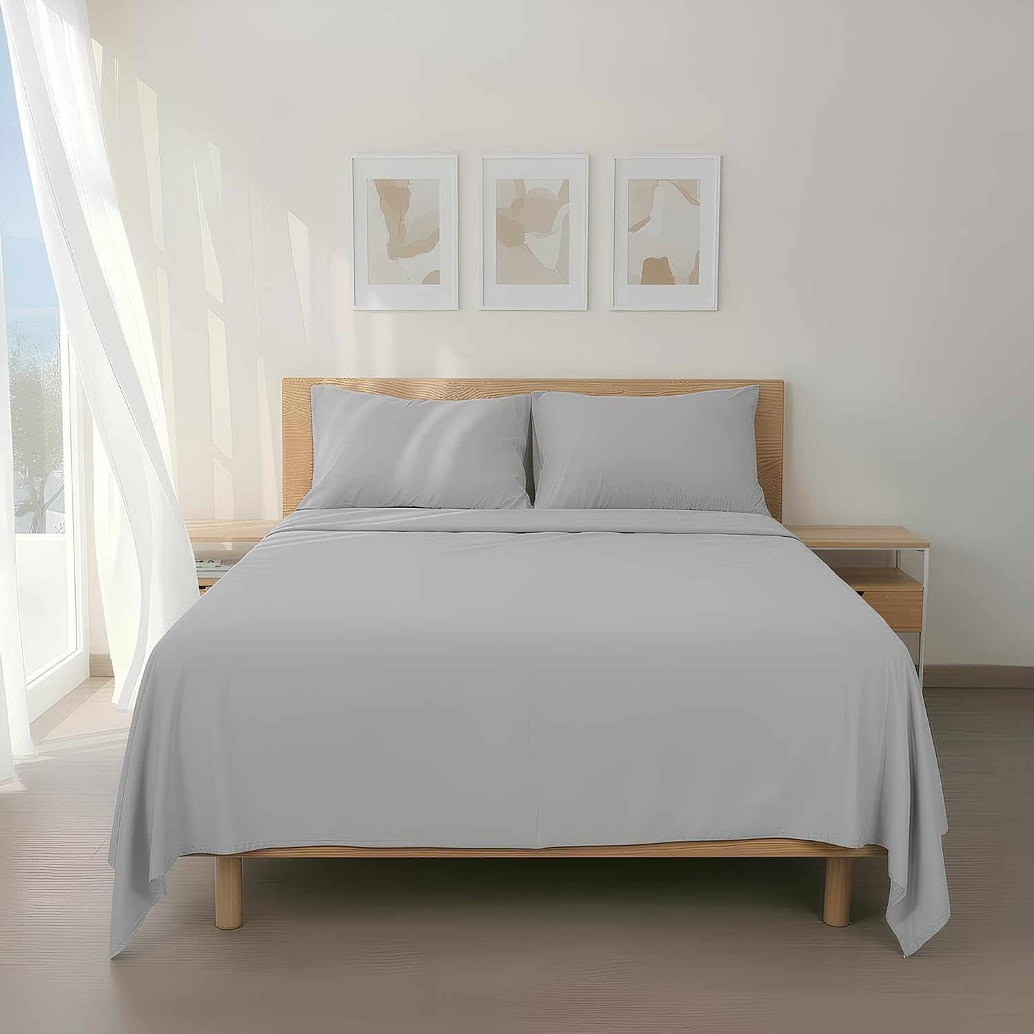 H HANSEL HOME Juego de Sábanas de Microfibra Cepillada, Sábana Bajera Ajustable Altura 30 cm, Encimera y Fundas de Almohada, para Cama 105cm, 3 Piezas 105x190/200cm - Gris Claro