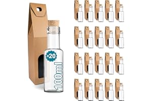 ESPIRITO REBELDE 20 bottiglie in vetro piccole da 100 ml con tappo in sughero + 20 scatole – mini bottiglia per liquori, whiskey, rum, vino – fiaschetta pozione magica – ideali per campioni e souvenir