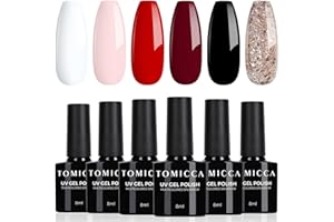 TOMICCA Smalto Semipermanente Set, 6 Colori Rosso Nero Bianco Glitter Series, 8ML Gel Unghie UV/LED Kit, Per La Casa Nail Salone Fai Da