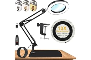 Kevsuvqin Lampe Loupe 10X, 2-in-1 Lampe de Bureau Loupe Eclairante avec Base très Grande/Pince en Métal/Bras Pivotant Réglable, 3 Modes de Couleur,10 Niveaux de Luminosité pour Artisanat, Réparation