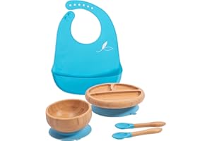 Love Earth ® - Bamboo Baby Weaning Set – 5 Piece Baby Weaning Set Including Suction Plate, Bowl, Spoons, and a Silicone Bib – Eco-Friendly Weaning Set for Babies from 3 Months to 6 Years (Blue)