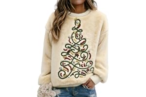 GENERIC Sweat-Shirt de Noël en Flanelle avec imprimé Chat pour Femme, Style décontracté, élégant, Doux et Chaud, Pull de Noël Fantaisie à col Rond, Haut de Vacances, vêtements festifs Confortables