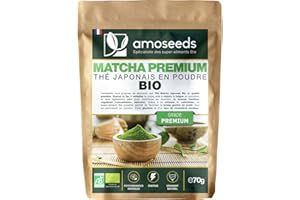 AMOSEEDS Thé Matcha en poudre Bio Japonais 70G | Thé Vert | Qualité Premium | Tonus, Minceur, Drainage