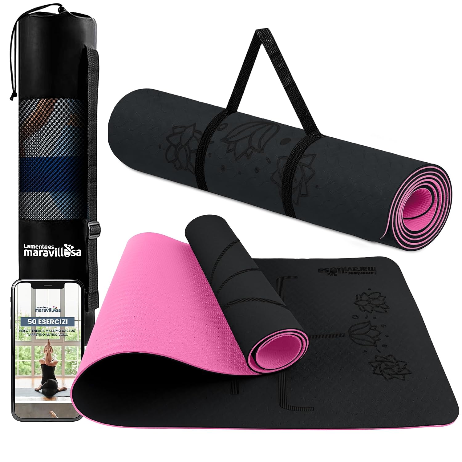 LA MENTE ES MARAVILLOSA - Tappetino Yoga e Pilates TPE, 183x61 cm | Spessore 6 mm, Antiscivolo per Fitness e Palestra in Casa, con E-Book, Custodia e Tracolla
