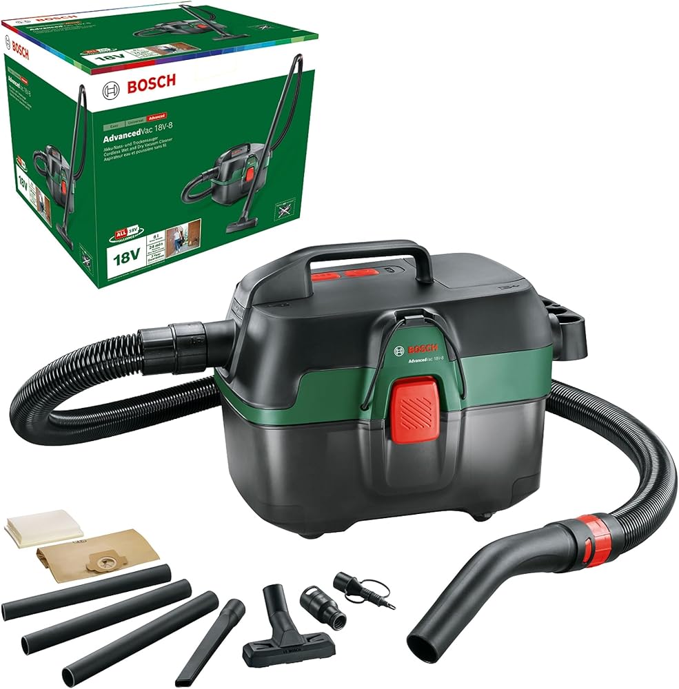 Bosch AdvancedVac 18V-8 akülü ıslak ve kuru elektrikli süpürge (aküsüz, 18 Volt sistem, aksesuar seti ile, kartonda), test notu: çok iyi (şarjör: Mann kendisi mi)