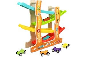 Tarvixil Circuit Voiture Enfant, Jouet en Bois Jouet avec 6 Voitures de Course Qui Glissent Facilement, Rampe de Voiture en Bois, Piste de Voiture, pour Garçons et Filles de Plus de 3 Ans