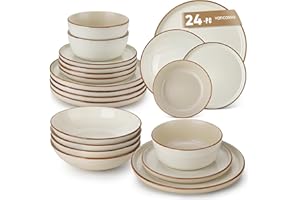 vancasso Reno Stoneware Dinner Set for 6, 24 Pieces Plates and Bowls Set with Dinner Plates, Dessert Plates, Cereal Bowls & Soup Bowls, Beige Speckled Crockery Set, Chip & Scratch Resistant