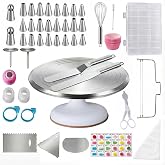 OFFASST Aluminum Cake Turner Plate - Professional Decorating Rotating Base with Set of 144 Baking Accessories Includes Spatul