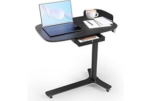 ‎WALKINGDESK WALKINGDESK Side Table C Shape Height Adjustable with Wheels, Mobile Desk with Drawers, Small Laptop Table, Height-Adjustable, Pneumatic Standing Desk for Sofa, Bed, Living Room, Black