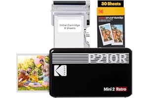 Kodak Mini 2 Retro 4PASS Imprimante Photo Portable, Connexion Bluetooth, Impression Instantanée, 5.3×8.6 cm, Paquet de 38 Feuilles, Noir
