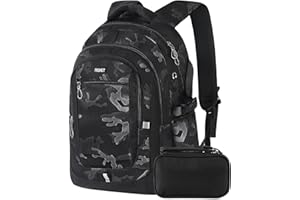 FRONET Cartable Garcon Primaire College Grande Sac à Dos Loisir Homme, Sacs Scolaire pour Ordinateur PC Portable 16 Pouces, Sacs pour Voyage Travail Affaire 12 13 14 15 16 17 18 19 20 10-23 Ans Ado Noir