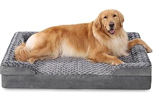 KSIIA Extra Large Dog Bed Orthopedic, Memory Foam Dog Beds Sofa with Removable Cover and Non-Slip Bottom, Washable Pet Cushion with C-Shape Bolster, Pet Pillow with Waterproof Linner, 111x81x18cm Grey