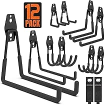 Ganci per garage, confezione da 12 ganci da parete con 2 cinghie di prolunga, resistenti ganci per attrezzi per utilità, supporti da parete per attrezzi da giardino, scale, bici (nero