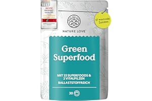 NATURE LOVE® Green Superfood - 300g - 15 Superfoods und 2 Vitalpilze - u.a. mit Gerstengras, Spirulina & Moringa - Greens Pul
