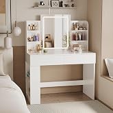 Airfish Makeup Vanity with Mirror and LED Dimmable Light, Makeup Table with 2 Drawers and 4 Shelves, Bottom Shelf, Modern Des