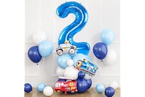 DAGELAR Blue Number 2 Balloon for 2nd Birthday Decoration, Transportation Party Decorations for Boys, Blue White Balloons with Car Foil Helium Balloon, for Boys 2nd Birthday Vehicles Theme Party Supplies