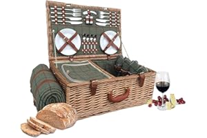 Wrenbury, cesta da picnic in tweed per 4 persone, con scomparto refrigerante e coperta, tradizionale cestino da picnic in salice per conservare cibi freschi