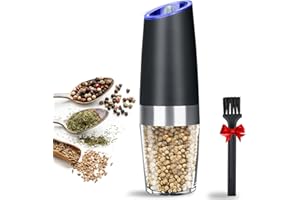 DARBERMU Electric Gravity Pepper Grinder or Salt Grinder Mill, Battery Operated Automatic Pepper and Salt Mill Grinder with LED Light, Adjustable Coarseness, One Handed Operation (Black)
