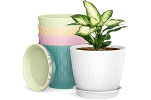 HOMEUOUZ 17cm Plant Pots Indoor, 5 Pack Plastic Planters with Drainage Holes and Saucer, Decorative Stripe Grooves Flower Pots for Indoor Outdoor Houseplants（Multicolor）