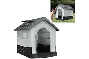 YARDIN Caseta para perros de plástico con suelo elevado, tragaluz y ventilación, 79,5 × 70,5 × 78 cm, impermeable y aislada, casa para mascotas de plástico, para interior y exterior, gris y blanco