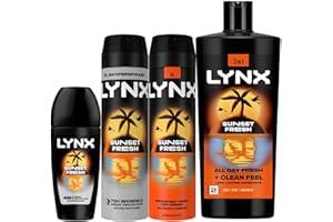 Lynx Sunset Fresh Bundle of Body Spray 200 ml, Antiperspirant Deodorant 200ml and Roll-on 50 with 3in1 Men's Shower Gel for Hair, Face and Body infused with Energising Mango and Mandarin Scent
