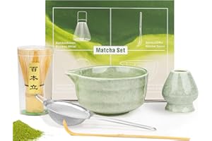 MR.KIANGCI Matcha Set, Line Cyan Ceramic Matcha Whisk Set Includes Matcha Bowl with Pouring Spout, Matcha Whisk (Chasen) and Holder, Sifter, Bamboo Scoop - 5 Pcs Matcha Kit for Matcha Beginners and Lovers,Green