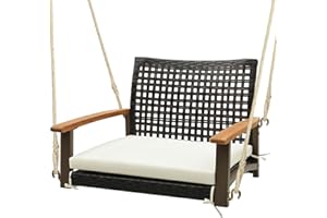 COSTWAY Fotel wiszący rattanowy, obciążenie do 180 kg, fotel wiszący z poduszkami, drewnianym podłokietnikiem i linami wiszącymi, na werandę i podwórko