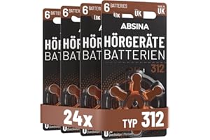 ABSINA Hörgerätebatterien 312 24 Stück mit gut greifbarer Schutzfolie - Batterien für Hörgeräte 312 Zink Luft mit 1,45V - Typ 312 Hörgeräte Batterie Braun - PR41 ZL3 P312 Hörgerätebatterien