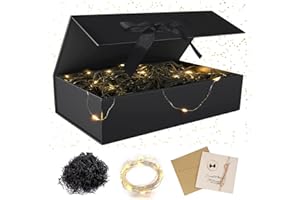 YEAHBOOM Geschenkbox mit Deckel,Geschenkbox mit Schleifen,Faltbare Geschenkbox,Geschenkkarton mit Magnetisch,Geschenkbox Set,Grußkarten,Raffia Hamper Shreds,LED-Lichterkette,für Hochzeit Geburtstag Weihnachten