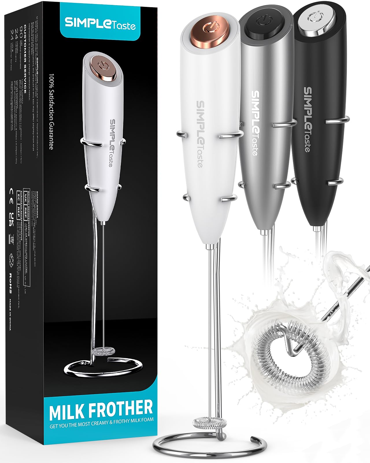 SimpleTaste Electric Milk Frother with Stand, One Touch Handheld Whisk Batteries Powered Cappuccino Coffee Frother White, 1 Y