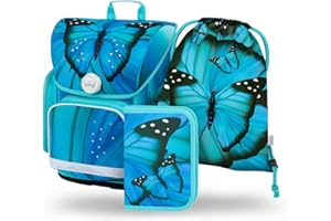 Baagl Schulranzen Mädchen Set 3 Teilig, Ergo Schultasche für 1. Klasse, Ergonomische Grundschule Ranzen Tornister mit Brustgurt (Butterfly)