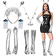 FORMIZON Alien Costume Set, Glitter Alien Rave Outfit with Evening Gloves, UFO Earrings, Necklaces, Carnival Accessories, Women's Alien Cosplay, Costume Accessory for Women Fancy Dress Adults