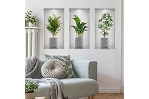 SOEWIOU 3D Green Plant Wall Stickers,3pcs Vase Plant Wall Stickers Decal Vinyl Wall Decals DIY Crenelation Wall Stickers Self-Adhesive for Living Room,Bedroom