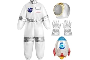 Suffolly Astronaute Deguisement Enfant, Deguisement Enfant Garcon, Deguisement Halloween Enfant avec Combinaison et Chapeau Gants Ballons Fusées Tenue De Jeu Imaginaire pour Carnaval Halloween