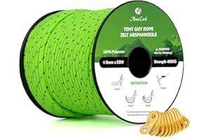 Abma Cord 50M Cuerda de Tienda Campaña Reflectante 5mm con 10 Pcs Tensores Ajustador - MAX. 400kg - Reflectante Neón Verde
