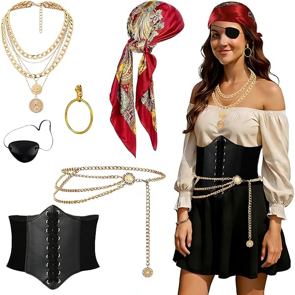 TYXHXTF Set De 7 Accessoires Pirate – Ceinture, Bandana, Cache-Œil, Collier, Boucle D’Oreille, Bague, Bracelet – Rouge Vin, Adulte/Enfant