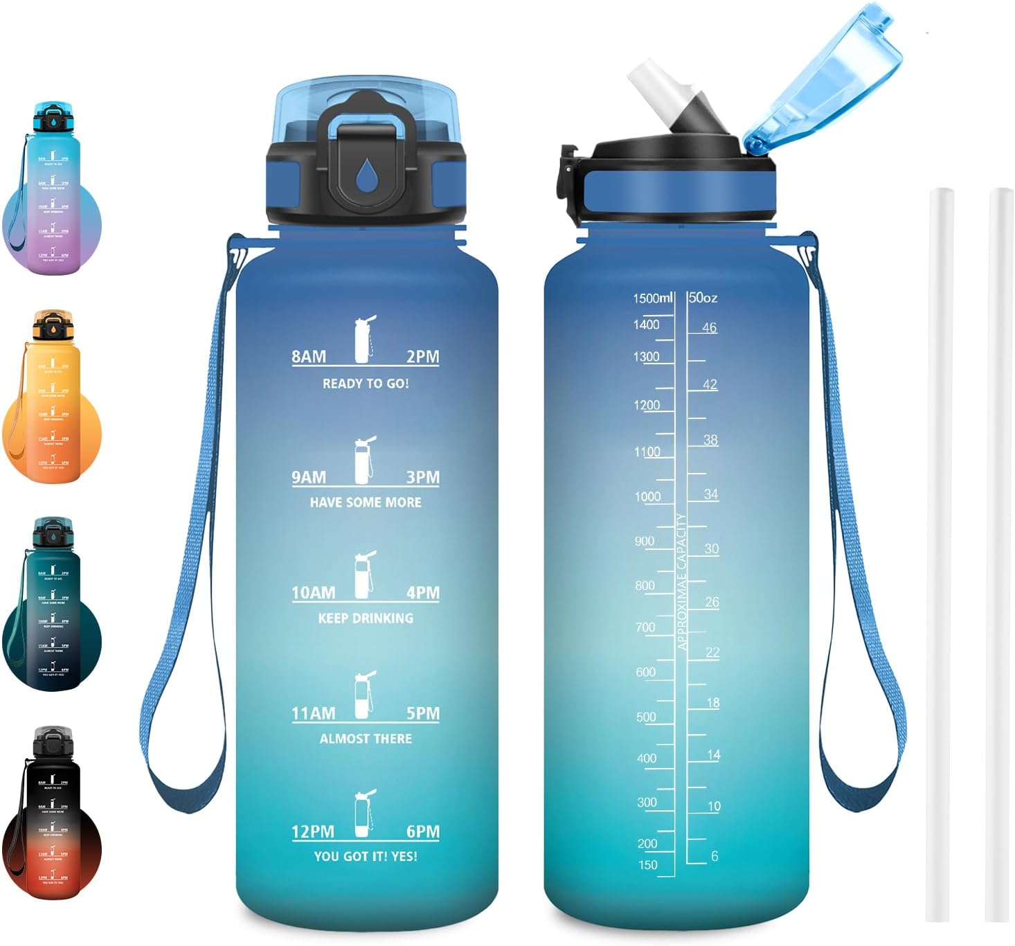 JAPORIA Botella 1.5L, Botella de Agua con Pajita, Deportiva con Marcador de Tiempo, Sin BPA, Reutilizable, para Oficina, Bicicleta, Running, Gimnasio, Viaje