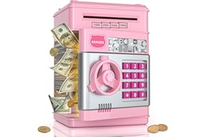 MIAOKE Mini ATM Toy Machine Fun Music Automatically Rolling Real Money with Password Code Lock Kids Electronic Piggy Bank for Saving Cash and Coin Best Gifts to Incentive Boys and Girls（Pink）