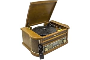 Roadstar HIF-1993BT Tocadiscos de Vinilo Vintage 33/45/78 RPM, Radio FM, Reproductor CD/CDR/CDRW/CD-MP3, Cassette, Bluetooth, USB Función Grabación, Mando a Distancia, Retro, Madera