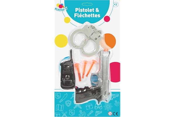 FLYPOP'S - Polisset - förklädnadstillbehör - 184211 - svart - plast - polis - barnleksak - karneval - kostym - pistol - handbojor - 21 cm x 38,5 cm - från 3 år