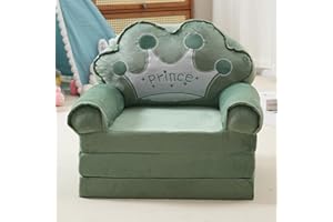 Aurour Comfy Toddler Chair, Kids Couch Fold Out to Lounger, Foldable Baby Sofa Plush for Girl and Boy Age 18 Months and Up Green Crown
