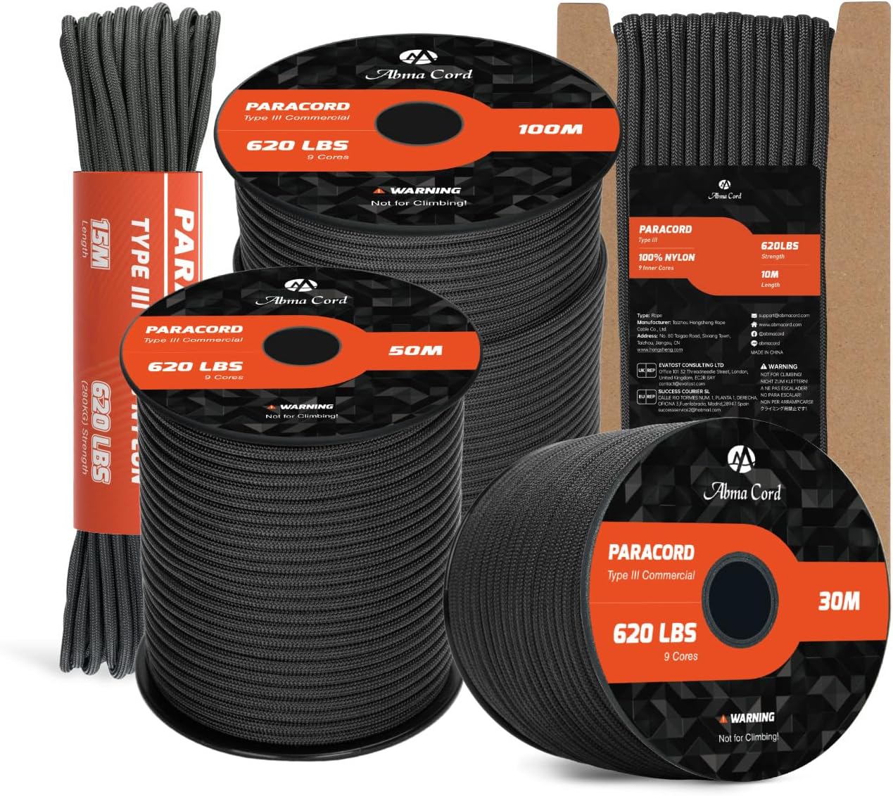 Abma Cord Paracord 4mm 9 Hebras 30m Cuerda de Nylon Cuerda Paracord Tipo III 620lbs - MAX. 280 kg - Negro