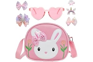 DAVBNM Girls Handbag, Adorable Rabbit Crossbody Bag, Cute Bunny Rabbit PU Leather Handbag, Girl Shoulder Bag - Heart-Shaped Sunglasses & 14 Hair Clips for Preschool Kids Toddlers Baby Girl