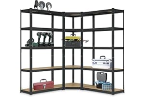 ‎JUSKYS Juskys 3er Metall Regalsystem Basic - 1 Eckregal & 2 Lagerregale - 15 Böden aus MDF Holz - 2625 kg - Schwerlastregal Lagerregal Kellerregal - Grau